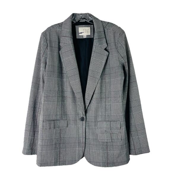 a new day Jackets & Blazers - A New Day black white burgundy plaid houndstooth preppy boyfriend blazer 14